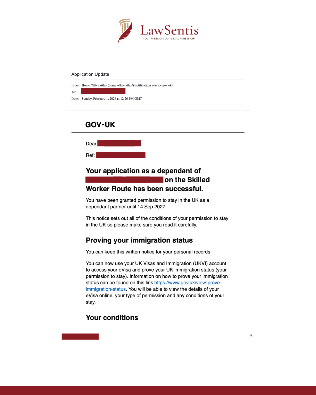 Skilled Worker dependant visa approval decision letter confirming an unmarried partner application was granted following a structured evidence bundle and legal representations, with permission to stay in the UK until 14 September 2027.