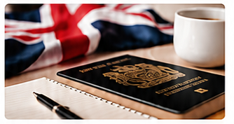 British passport, Union Jack and a cup on a desk